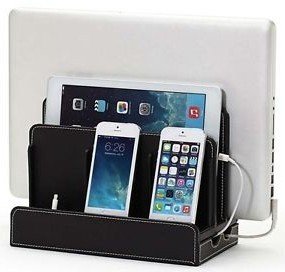 Black Leatherette Multi-Device Charging Station for Laptop, Tablet, Phone